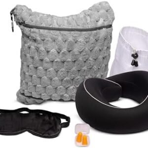 4-in-1 Travel Set: Memory Foam Neck Pillow, Earplugs, Sleep Mask & Blanket – Perfect for Airplane Travel, Road Trips, and Daily Commutes