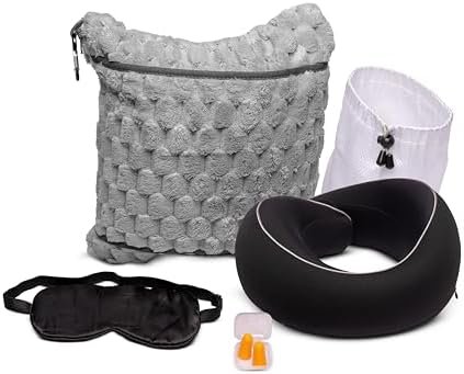 4-in-1 Travel Set: Memory Foam Neck Pillow, Earplugs, Sleep Mask & Blanket – Perfect for Airplane Travel, Road Trips, and Daily Commutes