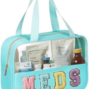 Chenille Letter Bag Clear Meds Bag Preppy Makeup Bag Medicine Bags for Travel Zipper Pouch with Handle Nylon & PVC Waterproof Portable Cosmetic Bag Toiletry Organizer for Women Girls Green