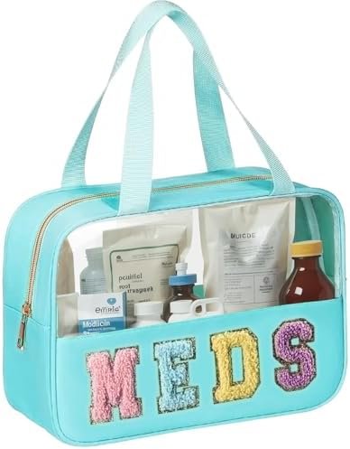 Chenille Letter Bag Clear Meds Bag Preppy Makeup Bag Medicine Bags for Travel Zipper Pouch with Handle Nylon & PVC Waterproof Portable Cosmetic Bag Toiletry Organizer for Women Girls Green