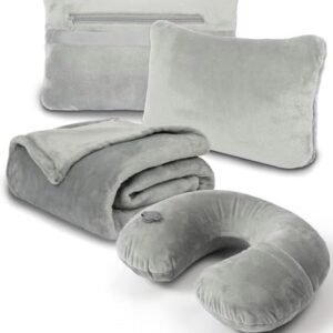 Travel Blanket and Pillow Set - Inflatable Travel Neck Pillow with Washable Soft Cover, Premium Soft Airplane Blanket with Built-in Bag, Zippered Pouch, and Hand Luggage Strap, 70" x 40" (Grey)