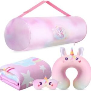 4 Pcs Unicorn Travel Pillow and Blanket Set for Kids Unicorn Airplane Blanket Memory Foam Neck Pillow Eye Mask Pink Storage Bag Kids Travel Essential Gifts for Girl Airplane Car Trip Home Use