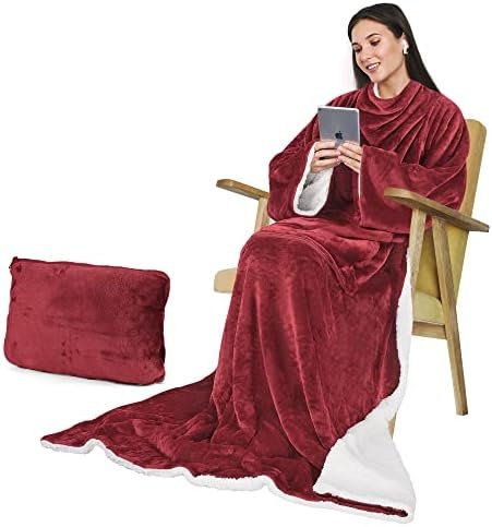 Catalonia Classic Sherpa Fleece Blanket with Sleeves, Super Soft Warm Cozy Wearable Blanket, Portable Travel Blanket Pillow, Gift for Women Men Adult, Wine