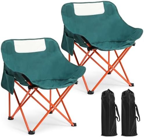 2 Pack Compact Camping Chairs Portable Folding for Outside with Carry Bag Lightweight Moon Chairs for Travel Picnic Hiking Beach Fishing, 600D Oxford, Supports 330lbs(Green)