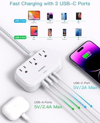 2 Pack Cruise Essentials, 5 Ft Flat Extension Cord, 3 Outlets 4 USB Ports(2 USB C) Flat Plug Power Strip, USB Charging Station with Non Surge Protector for Cruise Ship, Travel, Dorm Room Essentials - Image 5
