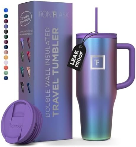 IRON °FLASK Co-Pilot Insulated Mug w/Straw & Flip Cap Lids - Cup Holder Bottle for Hot, Cold Drink - Leak-Proof - Water, Coffee Portable Travel Mug - Aurora, 32 Oz
