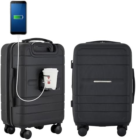 French Connection St. Martin Carry-On Luggage with Cup Holder/USB Ports, Black