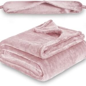 2 in 1 Travel Blanket, Soft Warm Blanket with Cozy Neck Pillow Case, Portable Blanket Set for Airplane, Camping, Car (Dusty Pink)