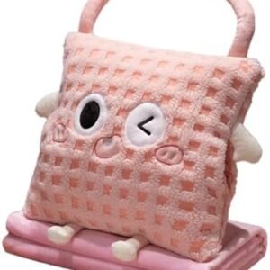 3 In 1 Travel Pillow and Blanket Set with Bag Cute Funny Plush Pillow Blanket Combo with Carrying Handle for Car & plane,Hand Warmer,Pink Throw Pillows for Bed,Sofa,Home Decor,Birthday Gifts for Kids