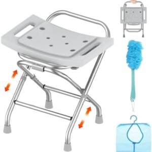 Height Adjustable Folding Shower Chair w/Crossbar, 400lbs Stainless Steel Foldable Shower Chair for Inside Shower, Anti-Slip Portable Travel Shower Stool, Safety Bath Chair for Seniors, Gray