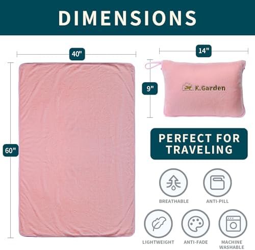 K.Garden Travel Cooling Blanket and Pillow- Soft 2 in 1 Airplane Compact Flight Essentials Car Pillow Travelers Gifts Accessories Compact Pack Blanket for Any Travel with Luggage Backpack Strap,Pink - Image 2