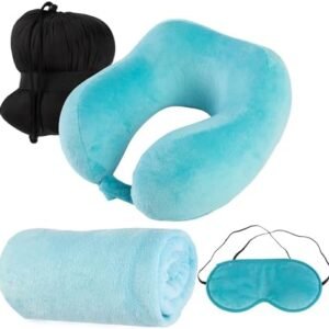 Home-Complete Travel Pillow Set - Memory Foam Pillow, Fleece Blanket, and Eye Mask - Travel Essentials for Airplanes, Trains, Cars, Buses (Blue)