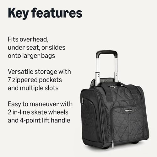 Amazon Basics Underseat Carry On Luggage with Wheels - 14" Rolling Travel Bag, Black Quilted - Image 2