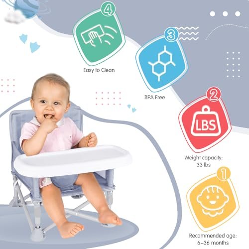 Portable Baby Booster Seat with Tray, Toddler Booster seat for Dining, Camping, Travel, Baby Beach Chair 6 Months to 3 Years Old Indoor Outdoor Use Grey - Image 3