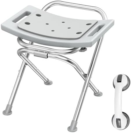 Folding Shower Chair Seat, 17.5" Stainless Steel Small Shower Chair for Inside Shower with Pad, 400lbs Portable Travel Shower Stool, Safety Anti-Slip Bath Chair for Seniors, Disabled, Gray