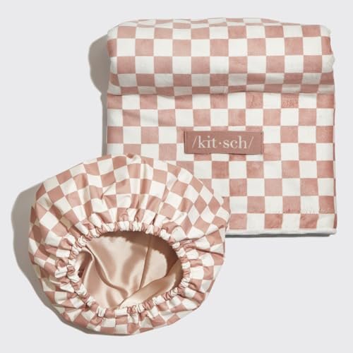 Kitsch Love & Comfort 2PC Spa Set - Satin Lined Reusable Waterproof Shower Cap and XL Quick Dry Hair Towel Wrap for Women, Microfiber Towel, Flexi Shower Cap For All Hair Types - Terracotta Checker - Image 8