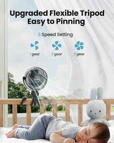 Gaiatop Mini Portable Stroller Fan, Battery Operated Small Clip on, Detachable 3 Speed Rechargeable, 360° Rotate Flexible Tripod Better Cooling for Car Seat Crib Treadmill Travel Black - Image 3