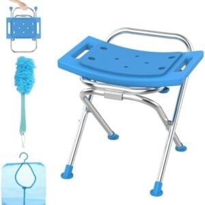 Folding Shower Chair Seat, 17.5" Stainless Steel Small Shower Chair for Inside Shower, 400lbs Portable Travel Shower Stool, Safety Anti-Slip Bath Chair for Seniors, Disabled, Blue