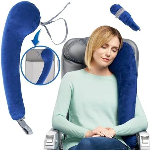 TRAVELREST All-in-One Neck & Body Pillow, Advanced Support Design, Travel Essential, Memory Foam Inserts, Inflatable, Airplane & Car Seat, Sleeping on Long Flight & Trips, Blue (Washable Velour Cover)