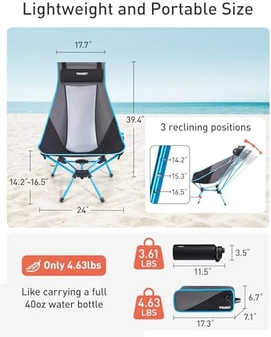 TOURIT Portable Folding Camping Backpack Chair with Head Support, High Back Stable Compact Outdoor Chair for Beach Picnic Travel Hiking, Supports 380 Lbs, Black - Image 2