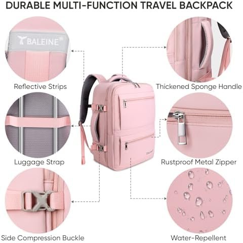 BALEINE Travel Backpack for Women Men, Sturdy Carry On Backpack, Large Backpack Travel Laptop Backpack Gifts for Business, Casual, Weekender, Hiking (Large, Pink) - Image 5