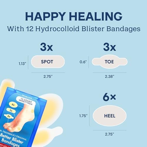 Dr. Frederick's Original Better Blister Bandages - 12ct - Water Resistant - 40% More Cushioning - Hydrocolloid Bandages for Foot, Toe, & Heel - Blister Pads for Prevention & Recovery - Variety Pack - Image 7