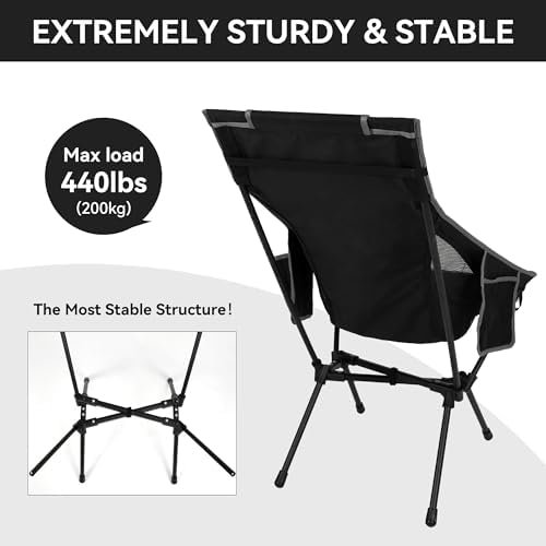 Portable High Back Camping Chair, Support Heavy Duty 440 lbs, Lightweight Folding Chair with Adjustable Pillow for Hiking, Beach, Backpacking (Black) - Image 4