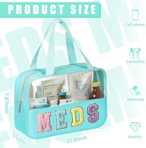 Chenille Letter Bag Clear Meds Bag Preppy Makeup Bag Medicine Bags for Travel Zipper Pouch with Handle Nylon & PVC Waterproof Portable Cosmetic Bag Toiletry Organizer for Women Girls Green - Image 2