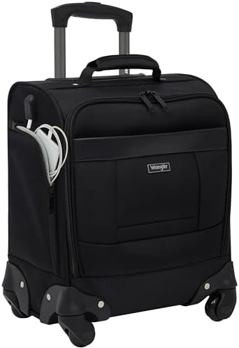 Wrangler 4-Wheel Spinner Luggage with Side USB Port, Black, 17-Inch Underseat Carry-On