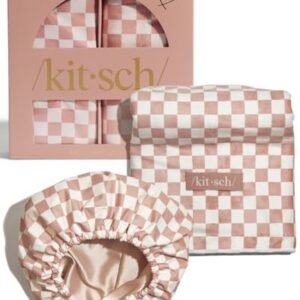 Kitsch Love & Comfort 2PC Spa Set - Satin Lined Reusable Waterproof Shower Cap and XL Quick Dry Hair Towel Wrap for Women, Microfiber Towel, Flexi Shower Cap For All Hair Types - Terracotta Checker