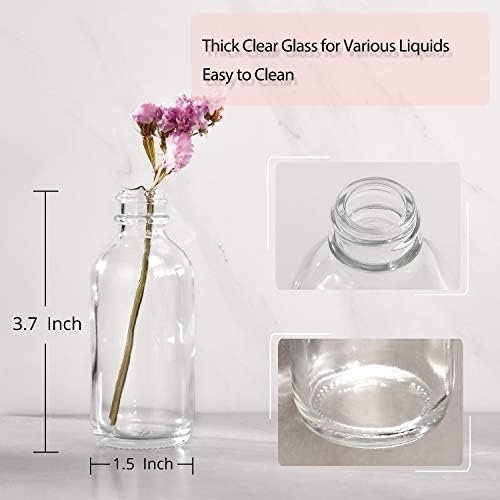 12 Pack, 2 oz Small Clear Glass Bottles w/ Lid & 3 Stainless Steel Funnels - 60ml Boston Sample Bottles - Mini Travel Essential or Decorative Bottles for Potion, Juice, Wellness, Ginger Shots, Whiskey - Image 4