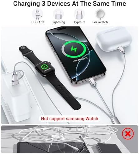 Temdan for Apple Watch Charger,3 in 2 USB C Cable for iPhone 16 Charger/Type C/Lightning Multi Charging Cable Travel Essentials PS/2 Cables Compatible with iWatch Ultra/SE/10-1&iPhone 16-12-4FT - Image 3