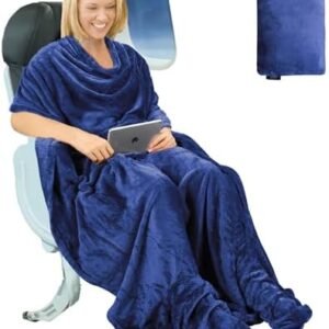 Tirrinia Travel Portable Blanket with Feet Airplane Office Poncho 4 in 1 Zippered Front Pocket Premium Cozy Fleece Blankets with Built-in Bag