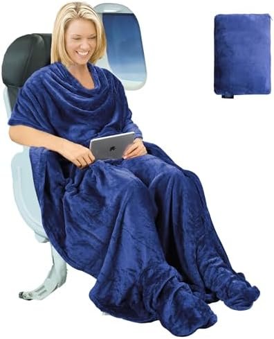 Tirrinia Travel Portable Blanket with Feet Airplane Office Poncho 4 in 1 Zippered Front Pocket Premium Cozy Fleece Blankets with Built-in Bag