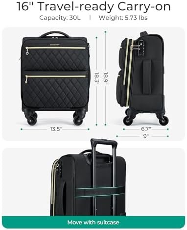 BAGSMART Underseater Carry On Luggage Airline Approved with Spinner Wheels, 16 Inch Luggage with TSA Lock, Overnight Rolling Softside Suitcases for Women, Black - Image 6