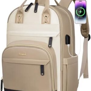 LOVEVOOK Laptop Backpack for Women,15.6inch Professional Women Travel Backpack Purse Anti-theft Laptop Computer Bag,Fashion Warterproof Work Business College Teacher Backpack Daypack,Khaki-beige white