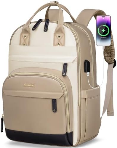 LOVEVOOK Laptop Backpack for Women,15.6inch Professional Women Travel Backpack Purse Anti-theft Laptop Computer Bag,Fashion Warterproof Work Business College Teacher Backpack Daypack,Khaki-beige white
