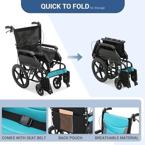 Wheel Chair for Adults with Swing-Away Footrest and Loop-Lock Handbrakes 17.5 inch Seat Wheel Chair 15" Rear Wheel Lightweight Transport Chair for Travel Compact Storage, 250 lbs - Image 8