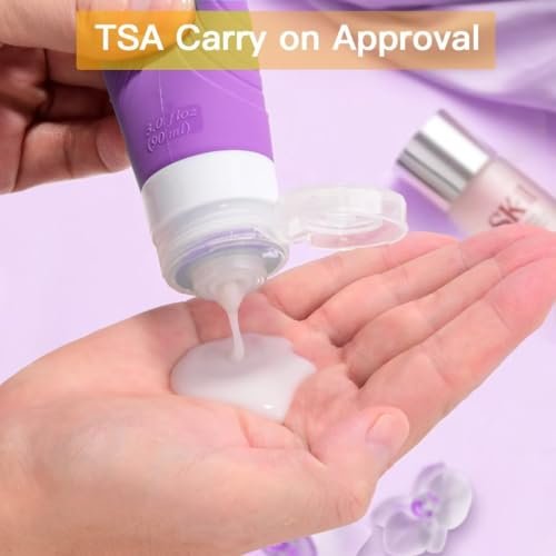 GLAMFIELDS Travel Bottles for Toiletries TSA Approved, 3oz Size Leak Proof Silicone Travel Containers for Shampoo, Lotion,Easy to Squeeze Portable, Essentials for Traveling (4 Pack) Purple - Image 4