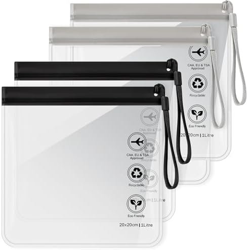 4Pcs Reusable TSA Approved Security Clear Toiletry Bag-Quart Size for EU UK & US Carry-on Regulations Security Travel Bags for Liquids, Waterproof & Leakproof Travel Accessories