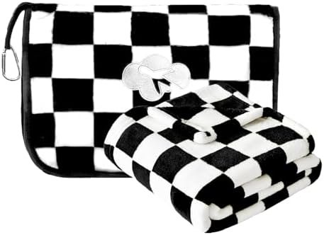 Travel Blanket and Pillow Compact, Premium Soft 2 in 1 Airplane Blanket with Soft Bag Pillowcase,Hand Luggage Sleeve and Backpack Clip (Checkered Black)