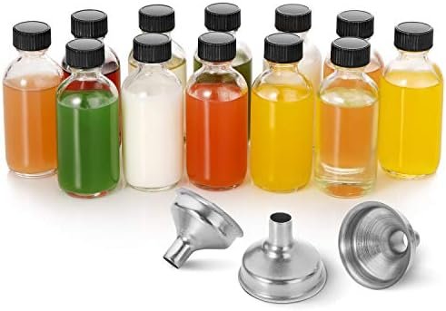 12 Pack, 2 oz Small Clear Glass Bottles w/ Lid & 3 Stainless Steel Funnels - 60ml Boston Sample Bottles - Mini Travel Essential or Decorative Bottles for Potion, Juice, Wellness, Ginger Shots, Whiskey - Image 7