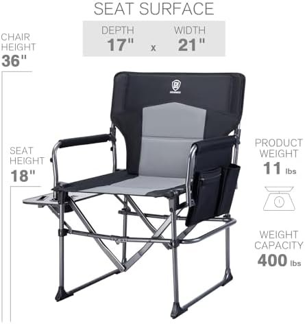 EVER ADVANCED Camping Directors' Chair with Side Table, Portable Folding Chair with Compact Size, Heavy Duty Lawn Chair with Pocket for Camping, Lawn, Sports and Fishing, 400lbs, Black - Image 3