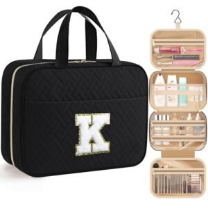 HOTOR Travel Toiletry Bag - Personalized Chenille Initial Makeup Bag, Water-Resistant Personalized Gifts for Women, Portable Travel Accessories & Essentials, Letter K, Black, 11.4"×9.0"×3.35"