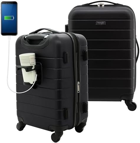 Wrangler Smart Luggage Set with Cup Holder and USB Port, Black, 20-Inch Carry-On