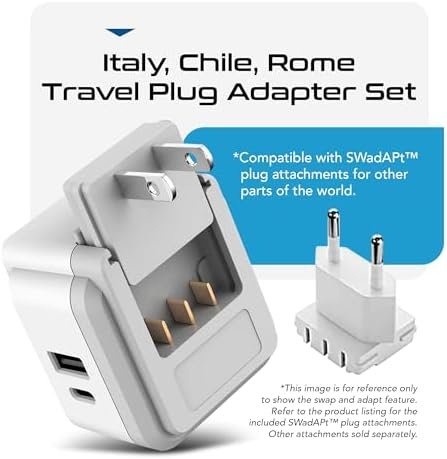 Ceptics Chile, Rome, Italy Travel Plug Adapter Set, Chile plug adapter USB-USB-C 20W PD-QC 18W, 2 Outlet, US to Italy plug adapter for Lybia, Uruguay Includes Type C, L SWadAPt Attachments - PAK-IT - Image 5