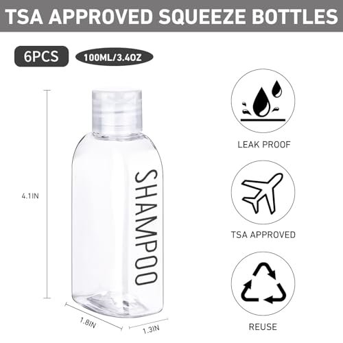 Travel Bottles for Toiletries 6 PCS 3.4oz/100ml Travel Size Containers Plastic Lotion Bottle TSA Approved Leak Proof Squeeze Bottles with Flip Cap for Toiletries, Shampoo & Lotion (Clear) - Image 3