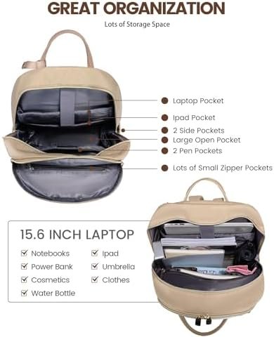 LOVEVOOK Laptop Backpack for Women,15.6inch Professional Women Travel Backpack Purse Anti-theft Laptop Computer Bag,Fashion Warterproof Work Business College Teacher Backpack Daypack,Khaki-beige white - Image 5