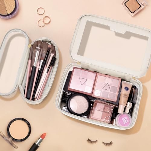Travel Clear Makeup Bag with Makeup Brush Bag, Leather Makeup Case Toiletry Bag, Portable Cosmetic Bag Case, Transparent Waterproof Cosmetic Organizer Storage Bag for Women, Off-White - Image 2