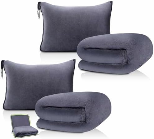 DAWNTREES 2 Pack 70"x40" Travel Blanket and Pillow Set,2 in 1 Large Airplane Blanket with Soft Bag Essential for Airplane, Car, Long-Distance Travel, and Outdoor Camping